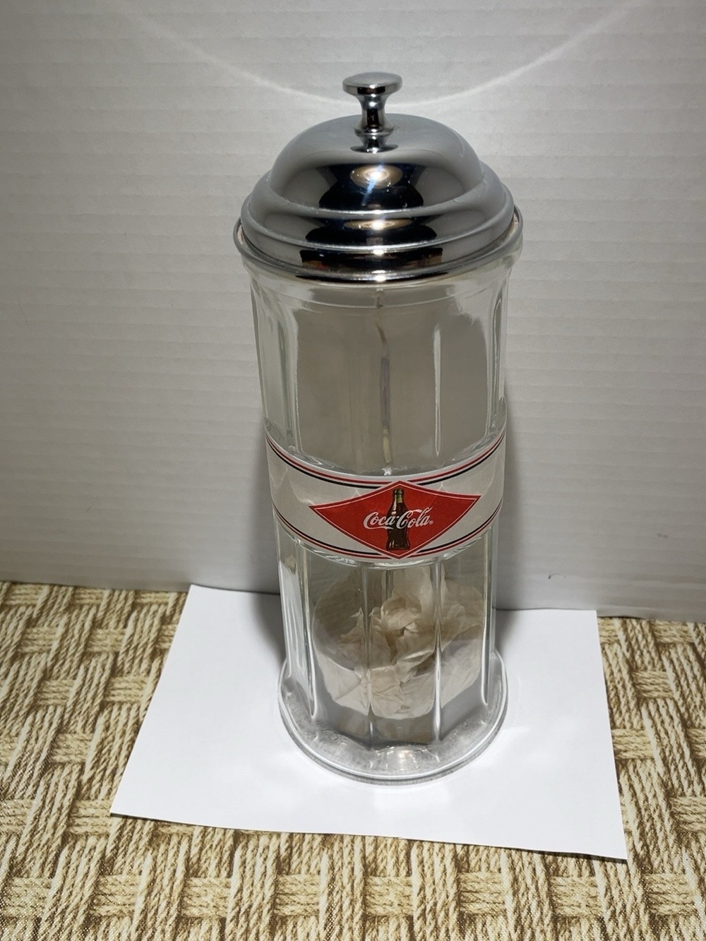 Coca-Cola Glass Straw Dispenser Chrome Lid Soda Fountain Diner Style Made USA